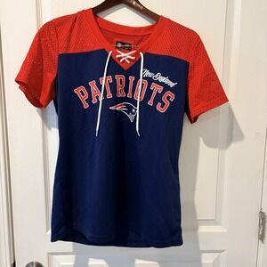 New England Patriots Jersey Women L Blue Red Lace Up Mesh Shirt NFL Team Apparel